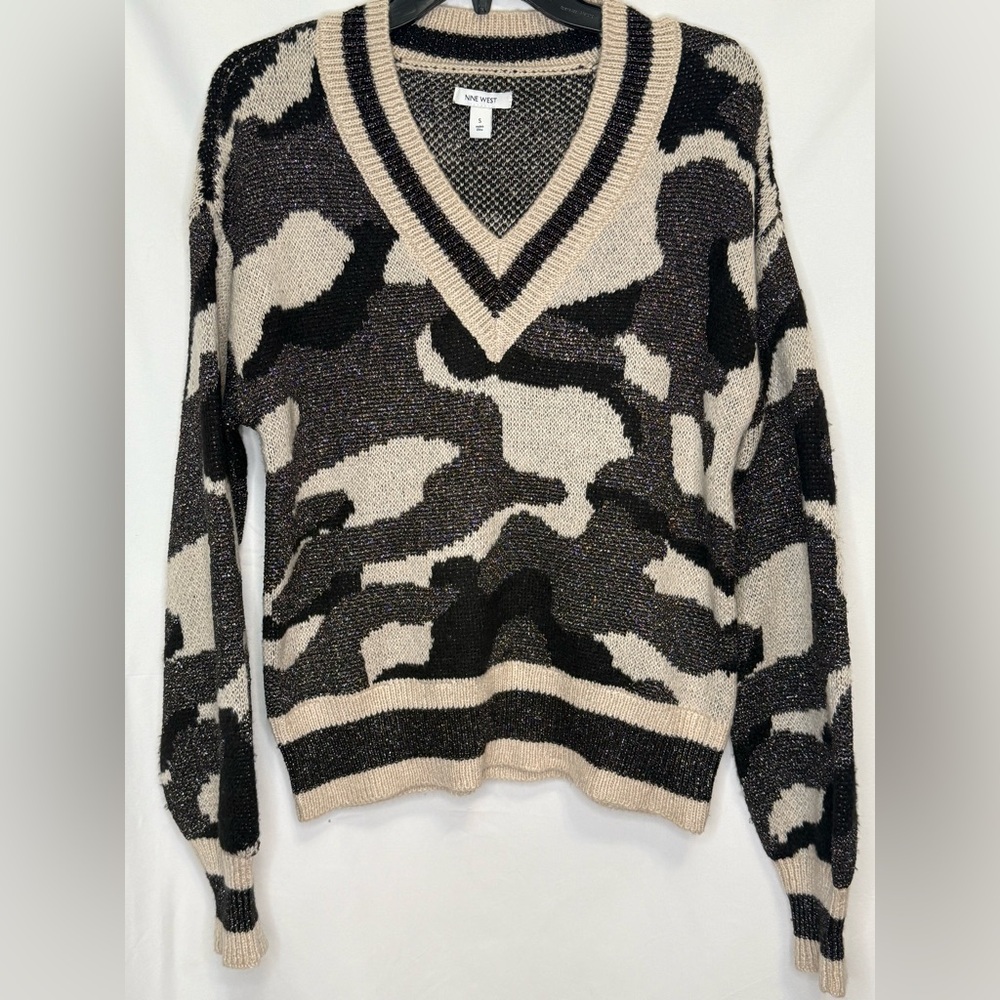 Nine West Small Camo V Neck Metallic Knit Sweater Black Tan Long Sleeve Soft
